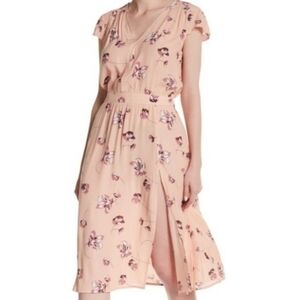 FREE Press Bohemian Coral Peach Floral Midi Cap Sleeve Slit Dress